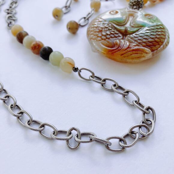 Jadeite Double Fish Pendant Necklace Earrings Set, Real Stone Beads Boho Jewelry - Picture 7 of 10